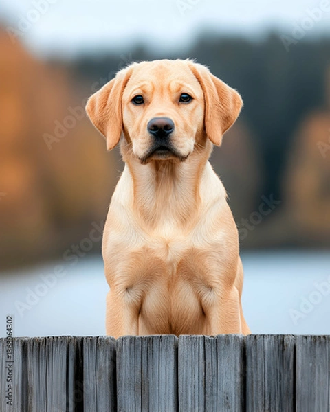 Obraz Golden Labrador puppy sits on weathered wooden fence, autumn background