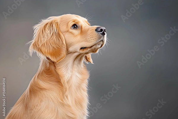 Obraz Golden retriever puppy, attentively looking upward against a muted gray backdrop