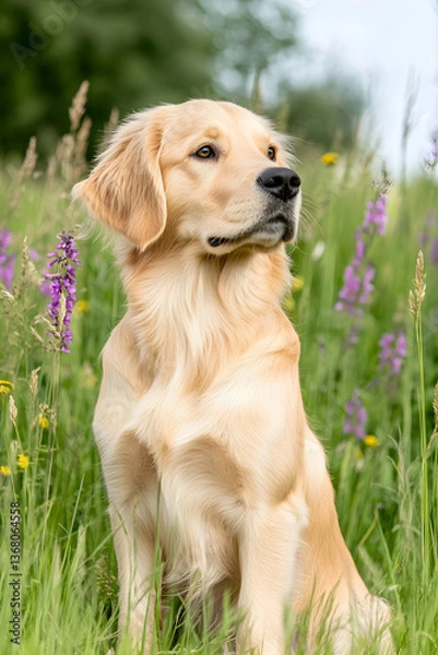 Obraz Golden retriever sitting in a field of wildflowers