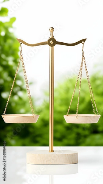 Obraz Golden scales of justice on a white surface with a blurred green background