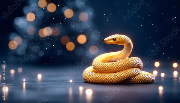 Obraz Golden snake coiled, illuminated by soft lights against a dark background