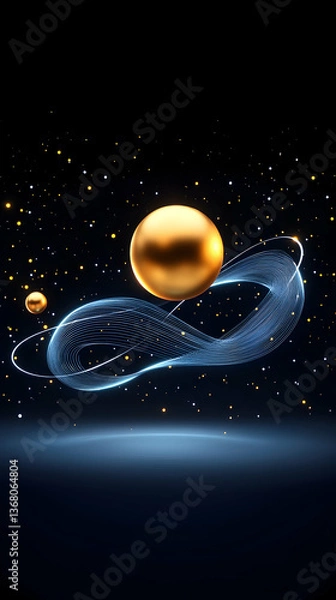 Obraz Golden sphere orbiting a luminous blue trail in dark space