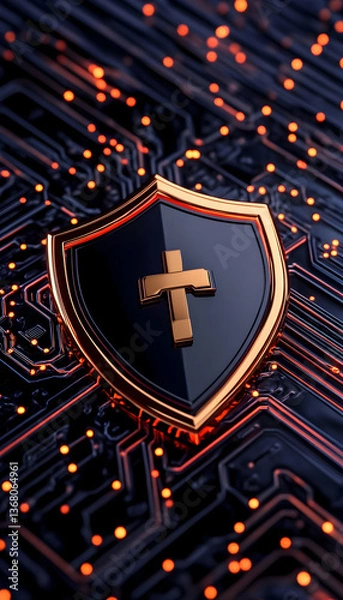 Obraz Gold-rimmed shield with cross on circuit board