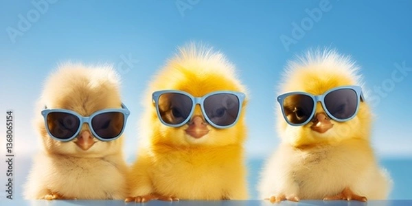 Fototapeta Three cute yellow baby chicks wearing sunglasses, against a blue background, in a photorealistic style, high resolution. bokeh background
