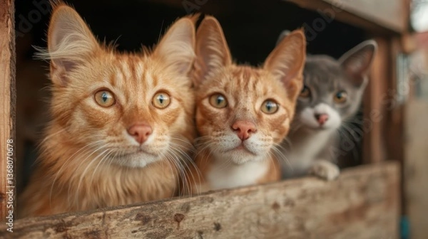 Fototapeta A striking image showcasing three cats of different colors and expressions peering out from their shelter, emphasizing their playful curiosity and the need for companionship.