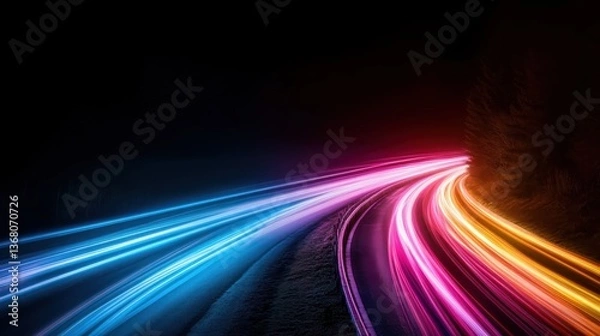 Fototapeta An artistic long exposure photograph capturing vibrant light trails emanating from a moving vehicle, creating a dynamic sense of speed and energy along a winding road.