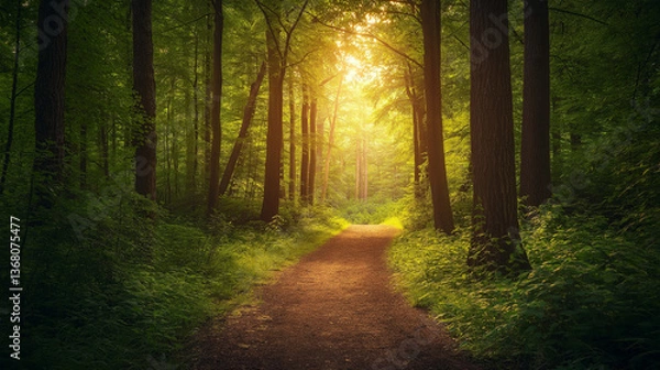 Obraz Peaceful Forest Path with Sunlight Filtering Through Trees