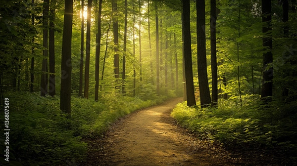 Obraz Peaceful Forest Path with Sunlight Filtering Through Trees