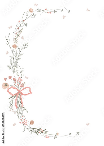 Fototapeta Wildflowers, Hand drawn, Floral frame with transparent background, greeting card with flowers, can be used as invitation card for wedding, birthday and other holiday