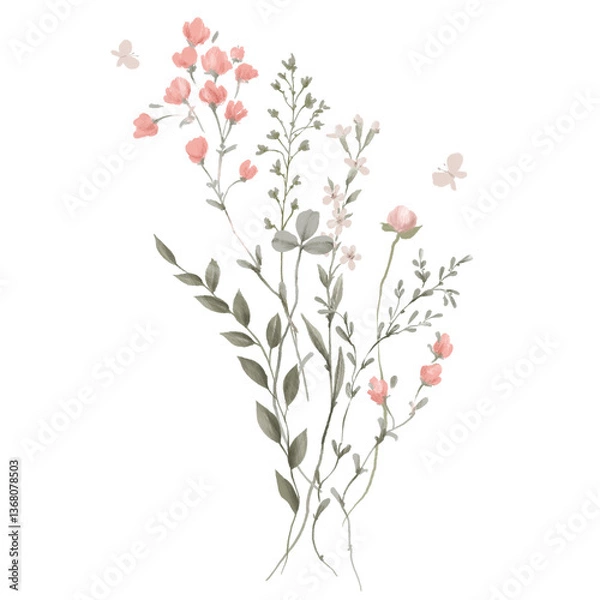 Fototapeta Colorful wildflowers bouquet isolated on white background, hand drawn, can be used as greeting card, invitation card for wedding