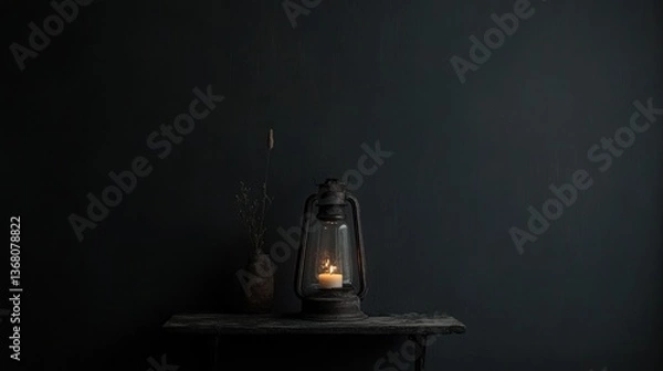 Fototapeta Dark room, rustic lantern with candle lit, small vase with dried flowers on wooden table