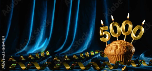 Fototapeta 5000 followers card. for social networks and blogs. Festive cupcake with candles number five thousand on blue velvet background. followers card. 5000 online community fans and subscriber.