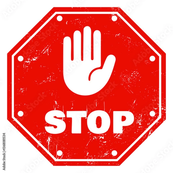 Fototapeta Distressed red stop sign with raised hand symbol, isolated on transparent background. Ideal for warning signs, safety messages, and cautionary designs. Vector art