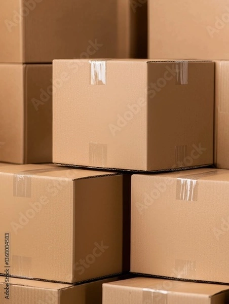 Fototapeta A stack of cardboard boxes arranged neatly, showcasing various sizes, primarily in neutral tones with visible tape sealing them.