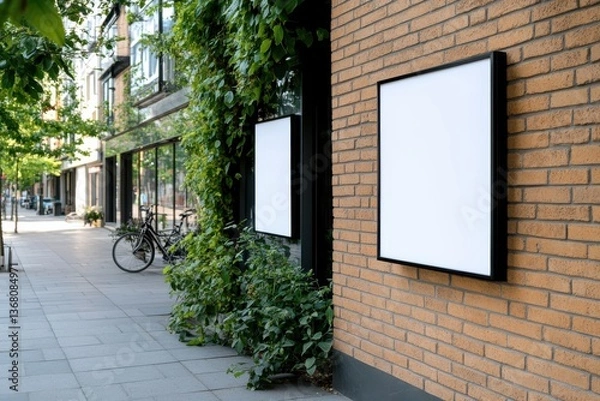Obraz A modern brick storefront features two empty billboards framed in black, surrounded by lush green foliage, inviting creativity and potential in an urban setting.