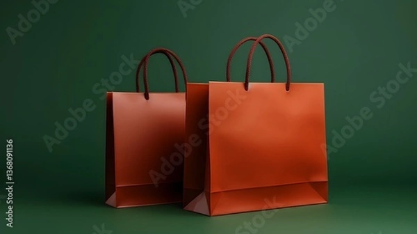 Fototapeta Stylish Shopping Bags on Solid Green Background with Copy Space