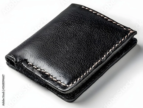 Fototapeta Stylish Black Leather Wallet with Visible Stitching on White Background