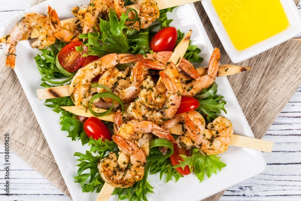 Fototapeta Grilled Shrimp Skewers Summer Healthy Salad. Selective focus.