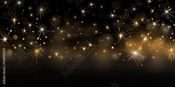 Fototapeta Vector illustration of golden fireworks on a black background, a celebration and party concept, with a wide banner and ample copy space. bokeh background