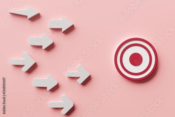 Fototapeta Arrows pointing toward a red target on pink background