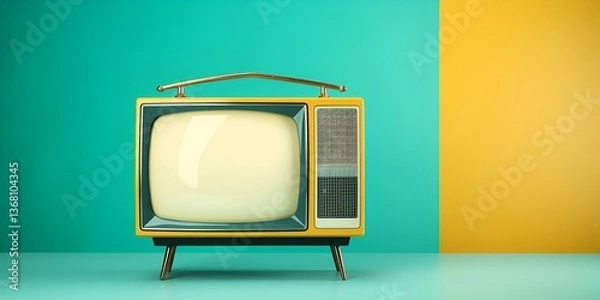 Fototapeta Vintage television set on a pastel background, in a retro style with a yellow and teal color palette, product photography. bokeh background