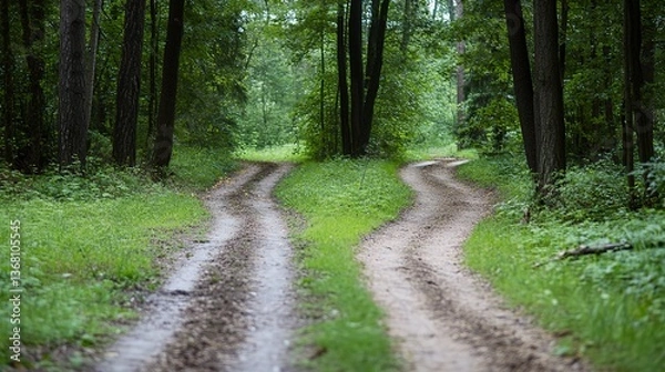 Fototapeta A tranquil forest path diverging into two inviting trails, a journey of choices under a canopy of lush green leaves and dappled sunlight.