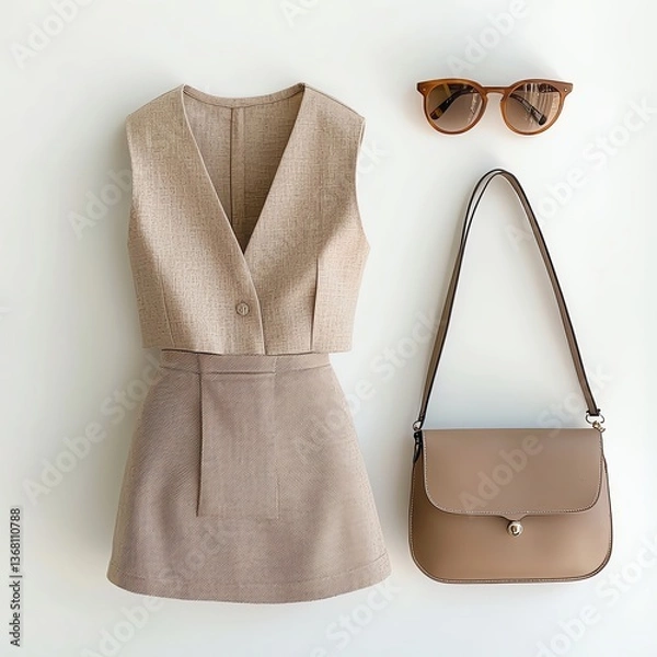 Fototapeta create a trendy women's outfit laying on the bed. the outfit should be a warm beige linen two piece set with a cropped vest top and a mini skirt the colors should all be neutrals . add a bag, sunglass