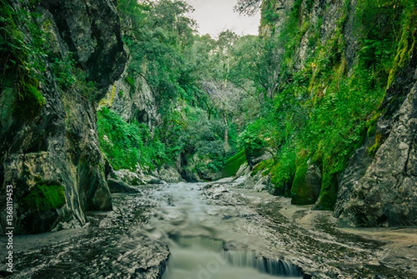 Obraz Mountain gorge with caves and little river from the portuguese touristic site of Olhos de Agua - Alviela - Alcanena