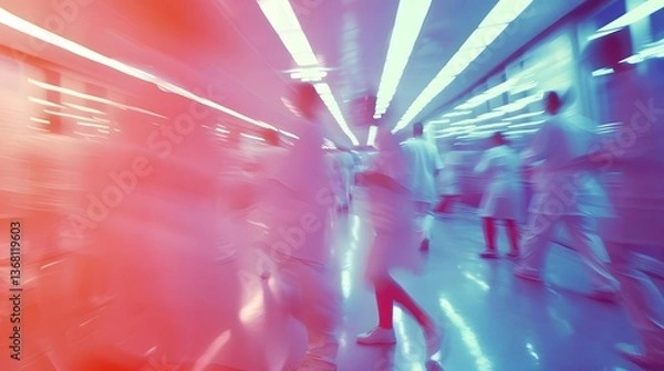 Fototapeta Blurred Medical Professionals in a Fast Paced Emergency Room Setting with Bright Lighting