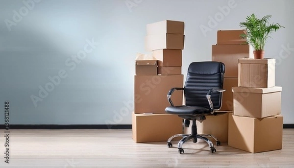 Obraz stack of cardboard boxes with stuff and office chair in empty office room moving to new office relocating crisis remote working start new business e commerce concept
