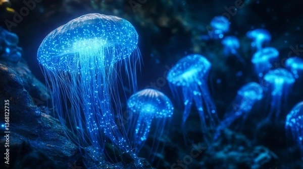 Obraz Plankton glowing in bioluminescence, creating a dreamlike underwater scene. 