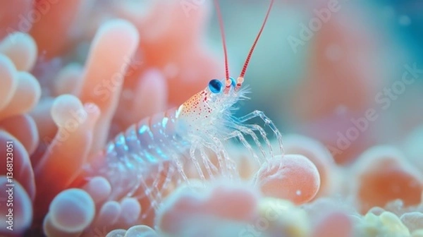 Fototapeta Transparent shrimp standing on a coral, barely visible but stunning in detail. 