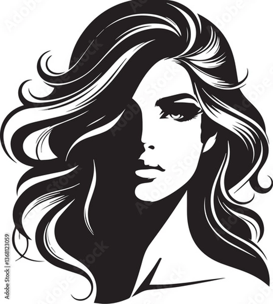 Fototapeta A black and white vector portrait of a woman with flowing hair, her face in half-shadow, emphasizing elegant contours and sharp contrast.