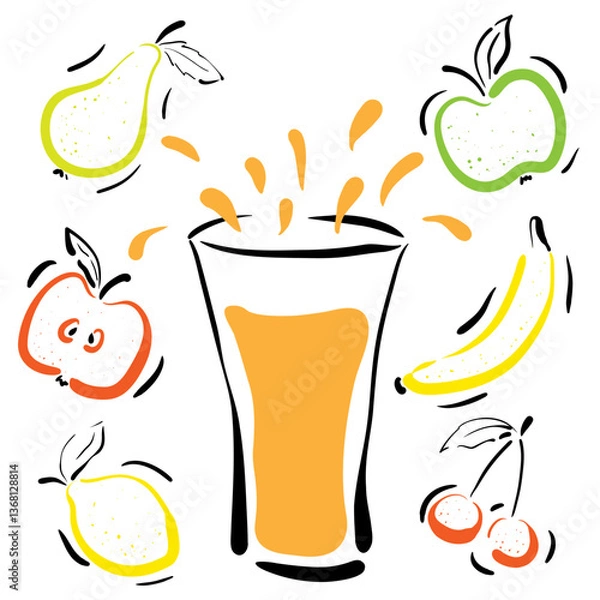 Fototapeta Juice in a glass from berries and fruits.  Apples, pear, cherry, lemon, banana. Vector illustration.