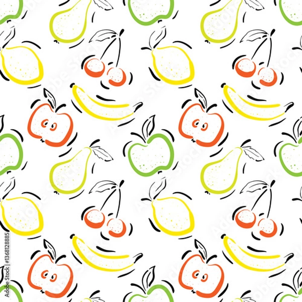 Fototapeta Set of abstract ripe berries and fruits drawn in sketch style. Apples, pear, cherry, lemon, banana seamless pattern on white background. Perfect for kitchen textile. Vector illustration.