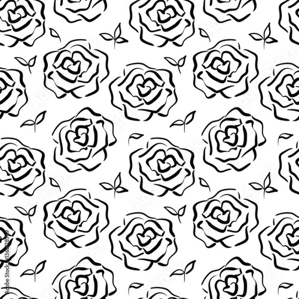 Fototapeta Seamless pattern with roses in sketch style. Simple silhouettes of black roses on a white background. Floral texture. Perfect for textiles, wallpaper, packaging and wrapping paper. Vector illustration