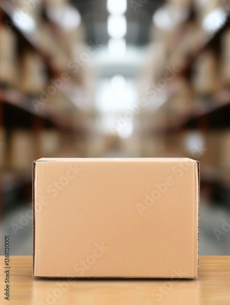 Fototapeta A plain cardboard box sits on a table, with a blurred warehouse background, suggesting storage or shipping activities.