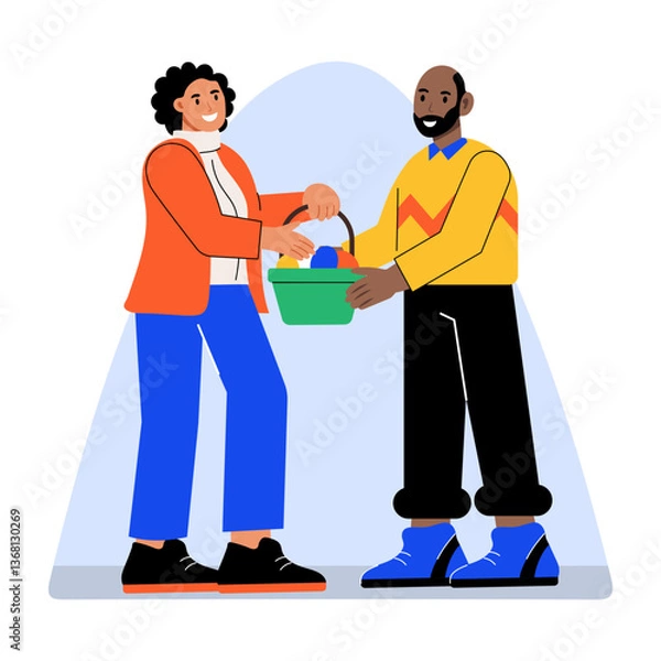 Obraz A character giving hamper to his friend, flat illustration 