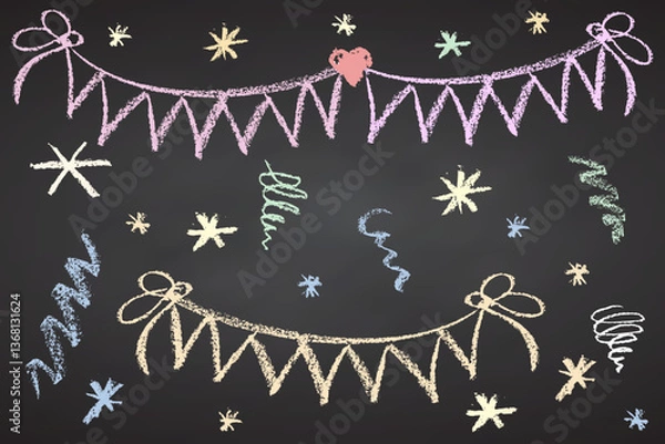 Obraz Collection of hand drawn charcoal doodle birthday party simbol shapes Childish girly style. Pencil drawings Color elements on black chalkboard. Vector illustration.
