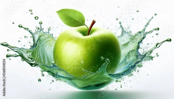 Obraz green apple with water splash isolated on white background generative ai