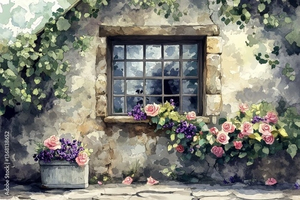 Obraz Secret Garden Window, Window boxes with flowers