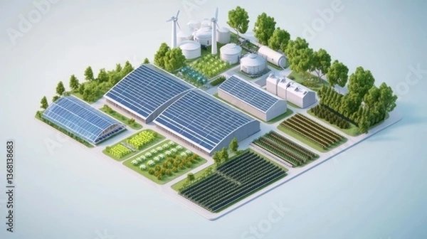 Fototapeta Innovative agricultural development sustainable farm digital rendering eco-friendly environment aerial view modern concepts
