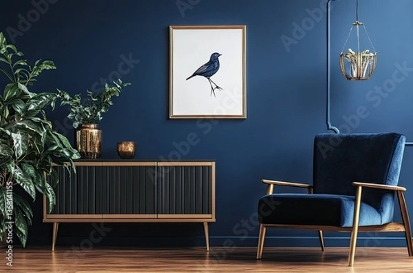 Fototapeta Minimalist interior design of a navy blue living room with a golden-framed poster on a cabinet and a velvet armchair near the wall