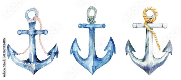 Fototapeta Watercolor Painting of a Nautical Anchor with Rope vector marine illustration