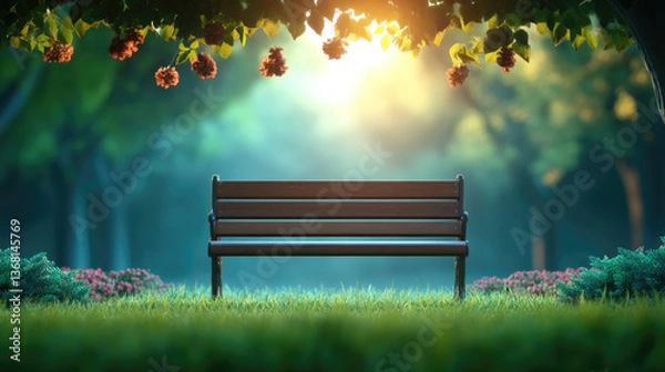 Fototapeta Relaxing park bench in serene nature tranquil garden outdoor scene morning light peaceful atmosphere