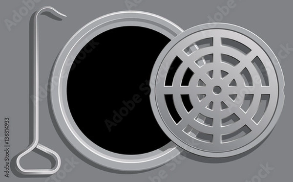 Fototapeta Vector Illustration of an Open Manhole Cover with a hook used to open it