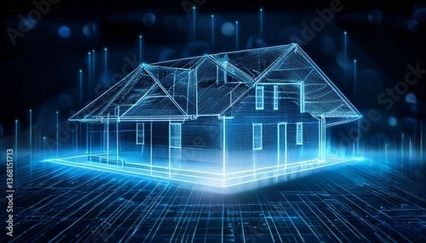 Obraz futuristic wireframe house hologram emerging from blueprint innovative technology and design