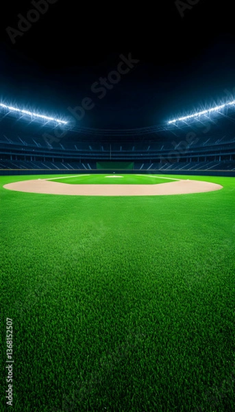 Obraz Night baseball field, stadium lights illuminate empty green diamond