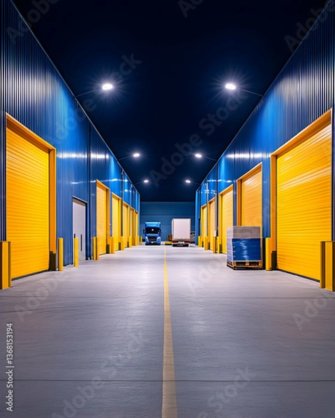 Obraz Night view of a warehouse loading dock with yellow doors, a truck, and pallets