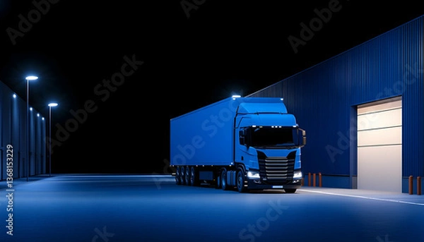 Obraz Nighttime delivery truck at warehouse loading bay